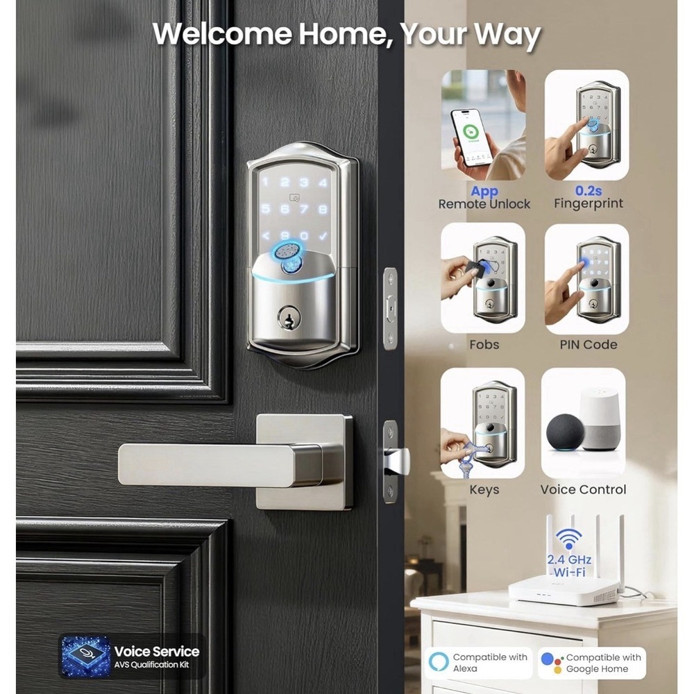VE027-L Built-in WiFi Smart Lock w/Handles,Fingerprint-Voice Contro Deadbolt